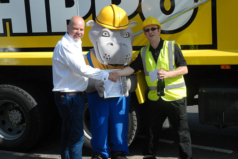 1 Millionth HIPPO collection certificate being presented by Managing Director Gareth Lloyd-Jones and Harry the HIPPO mascot to driver Lee Beauchamp