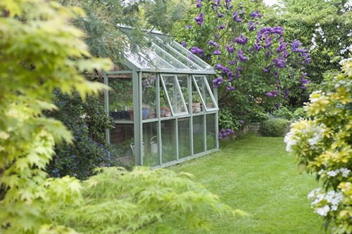 greenhouse in garden surrounded by flowers