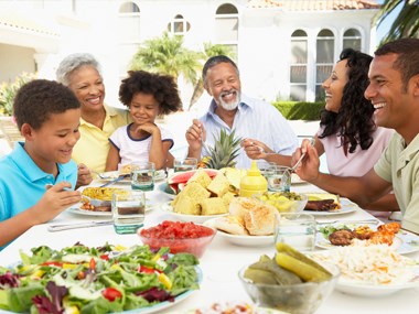 family dining in the garden