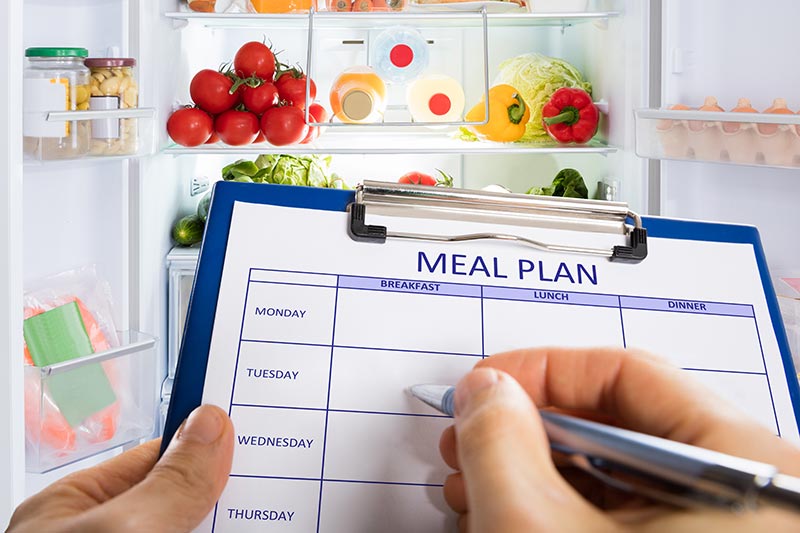 Meal planning on a clipboard taking stock of what is in the fridge