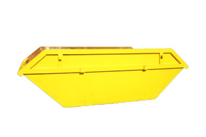 A yellow metal skip used for rubbish removal