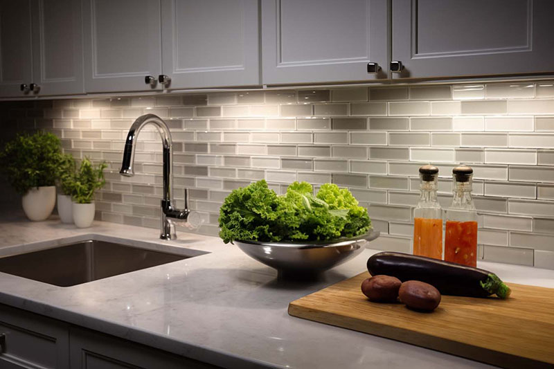 Kitchen countertop with wall tiles, a sink and vegetables on a chopping board