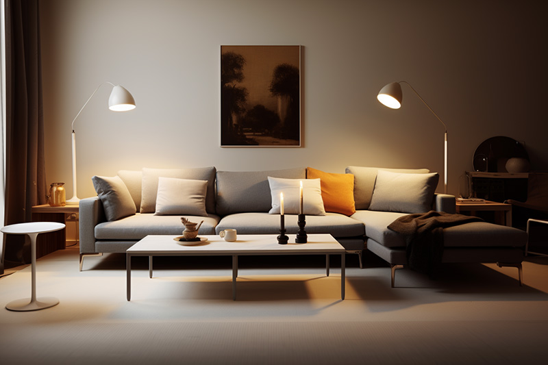 A living room with a sofa bathed in lighting from lamps