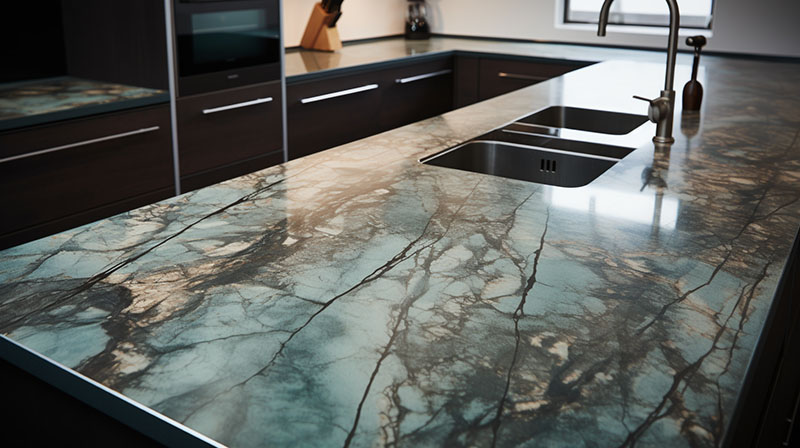 A dark blue marble kitchen countertop with a sink and cupboard units