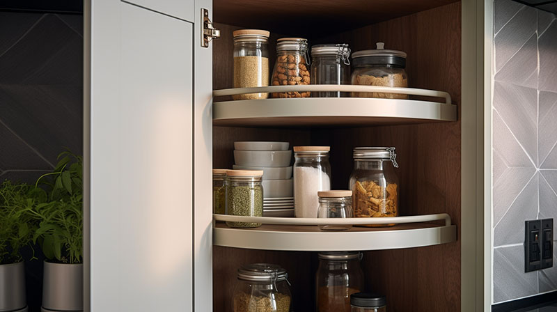 A kitchen cupboard with a lazy susan holding glass food jars