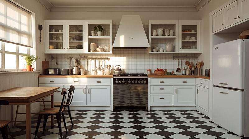 A black and white tiled kitchen floor with a dining table and kitchen units