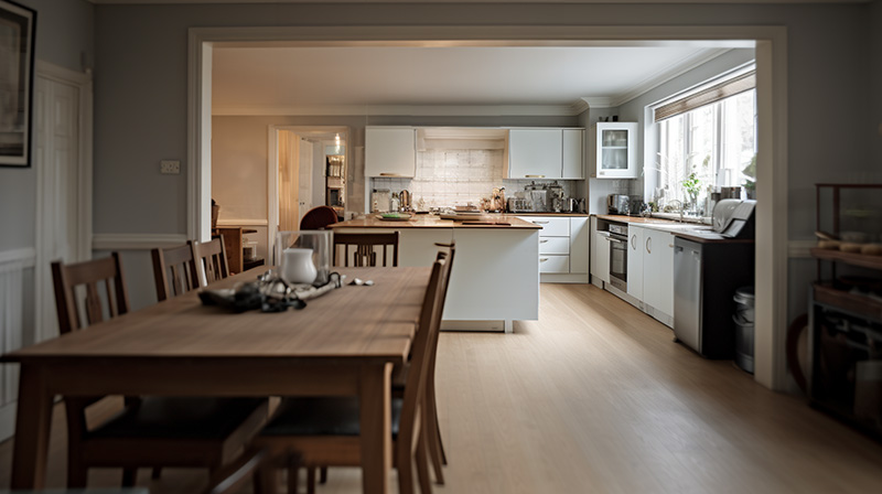 A dining room with a kitchen area in another room in the background