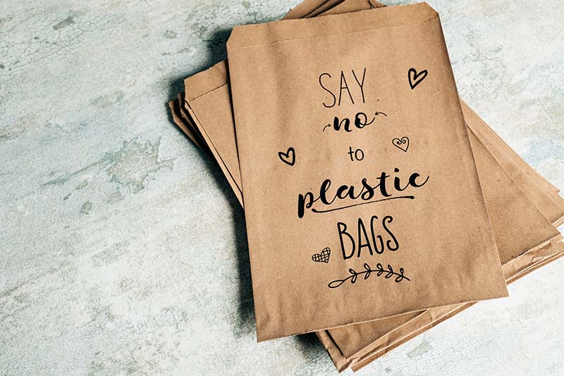Brown paper bags with a print on it stating Say No To Plastic bags