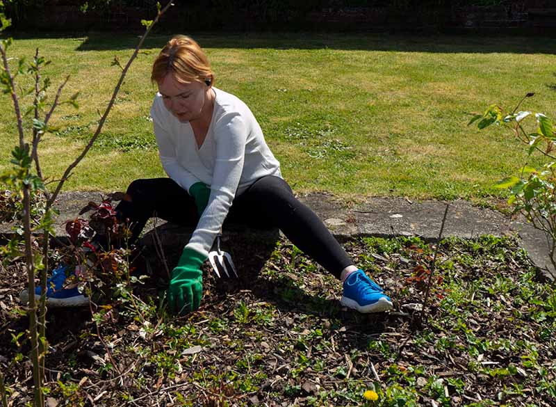 Person weeding a garden flower bed