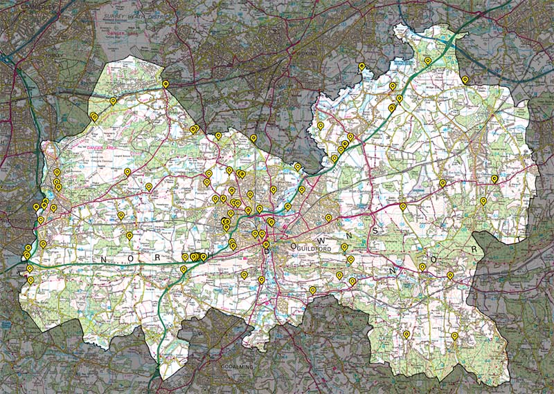 Guildford, UK fixmystreet map showing fly-tipping reports