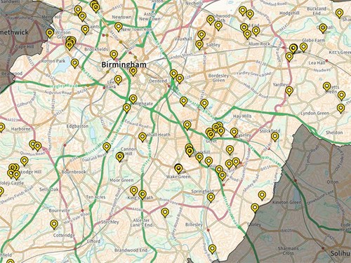 FixMyStreet map showing east of Birmingham