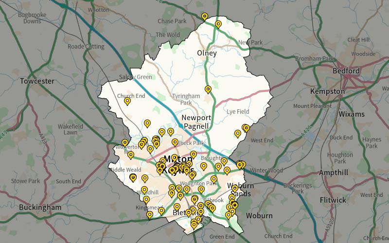 FixMyStreet map of Milton Keynes showing open fly-tipping reports