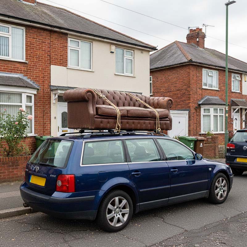 A dark blue car with a sofa placed on the roof bars and securely tied with rope