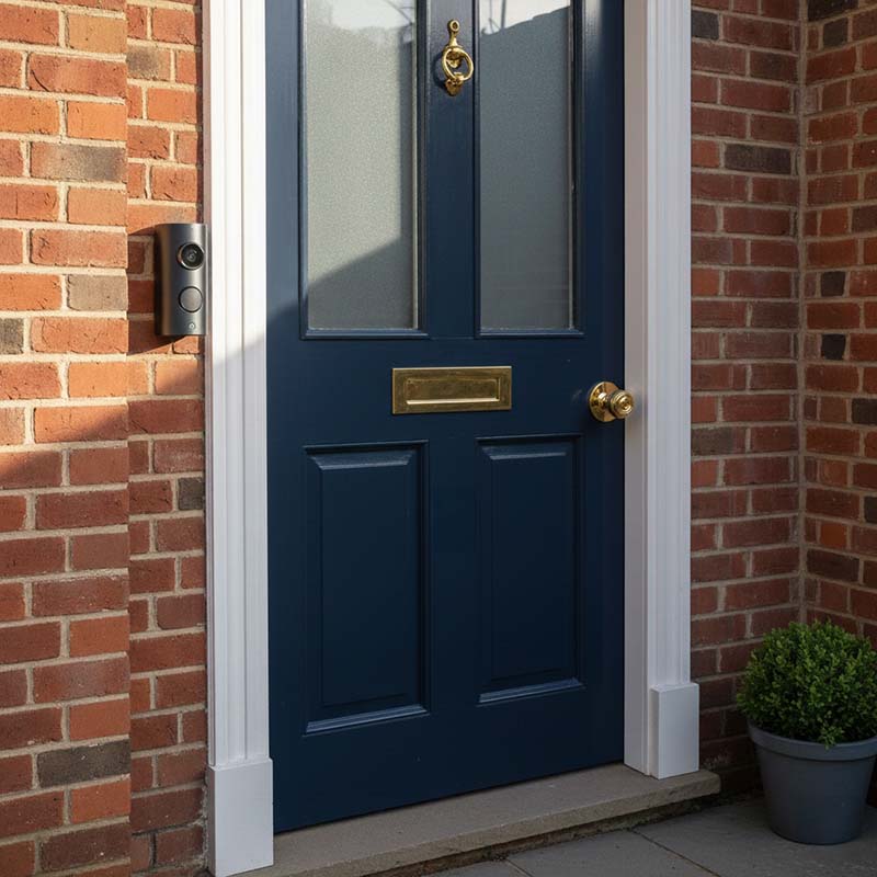 A dark blue front door to a house with a doorbell camera
