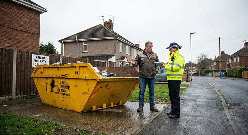 Man talking to an enforcement officer next to a yellow skip