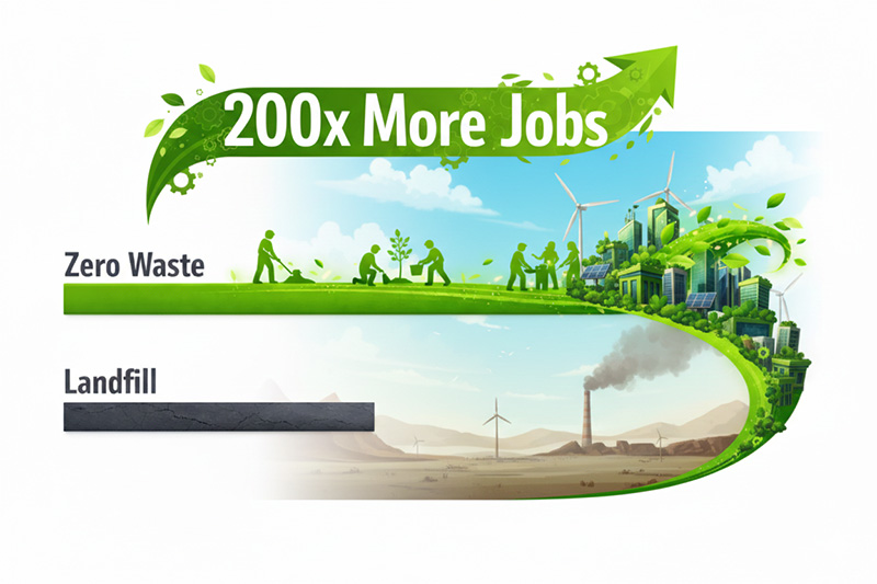 Comparison bar chart showing that zero waste systems create significantly more jobs than landfill and incineration