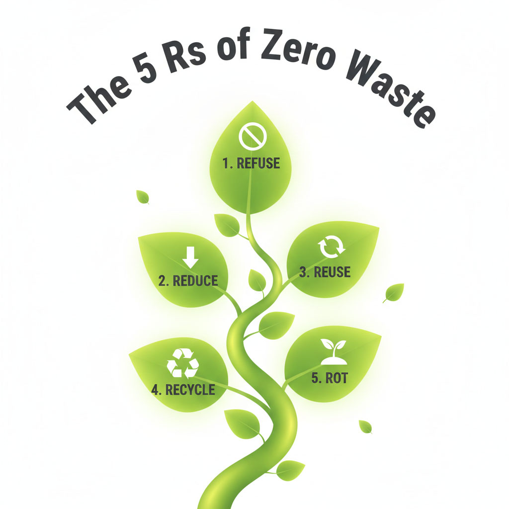 A diagram showing the 5 Rs of Zero Waste: Refuse, Reduce, Reuse, Recycle, and Rot