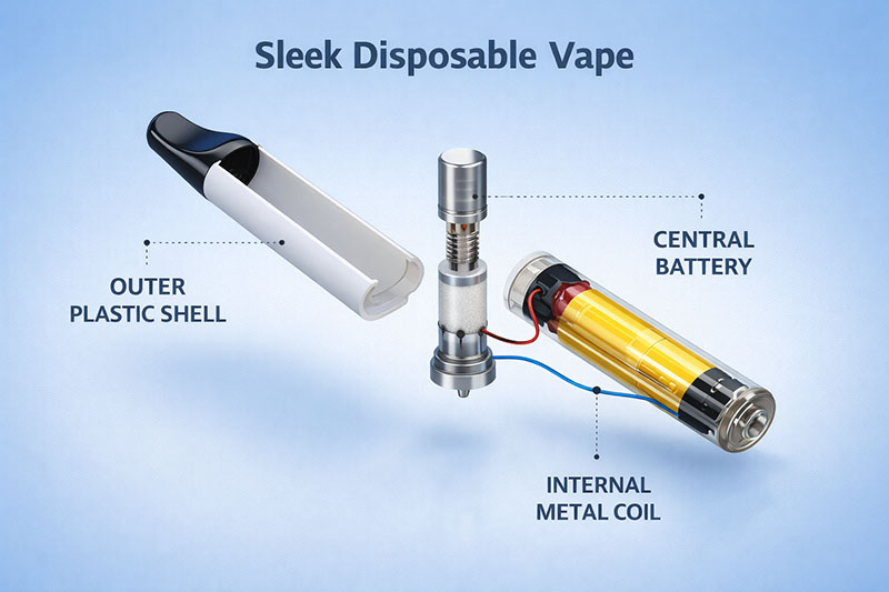 Diagram showing the internal components of a disposable vape including the battery, coil, and plastic casing