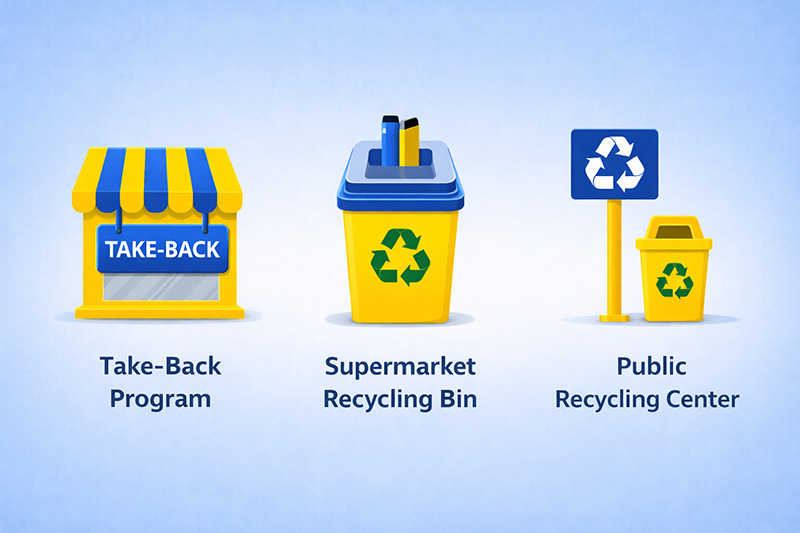 Icons representing three safe locations for vape disposal including shops and recycling centers