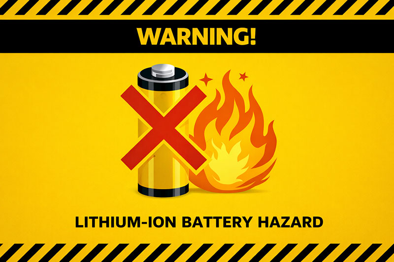 Safety warning graphic showing a battery with sparks to represent fire risk in waste management