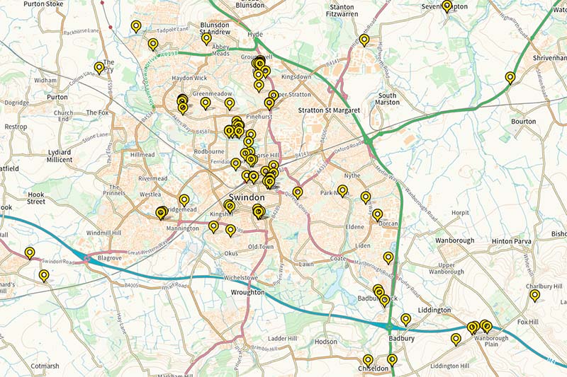 Screenshot of map showing Swindon's flytipping reports from fixmystreet website