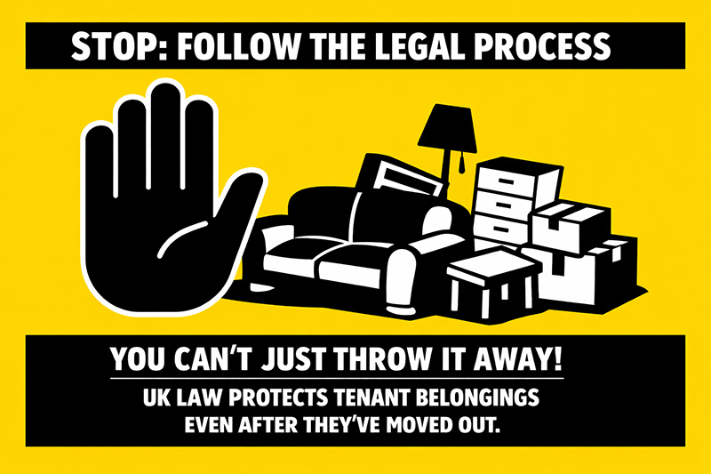 Illustration of a hand signal stopping the disposal of abandoned furniture and boxes