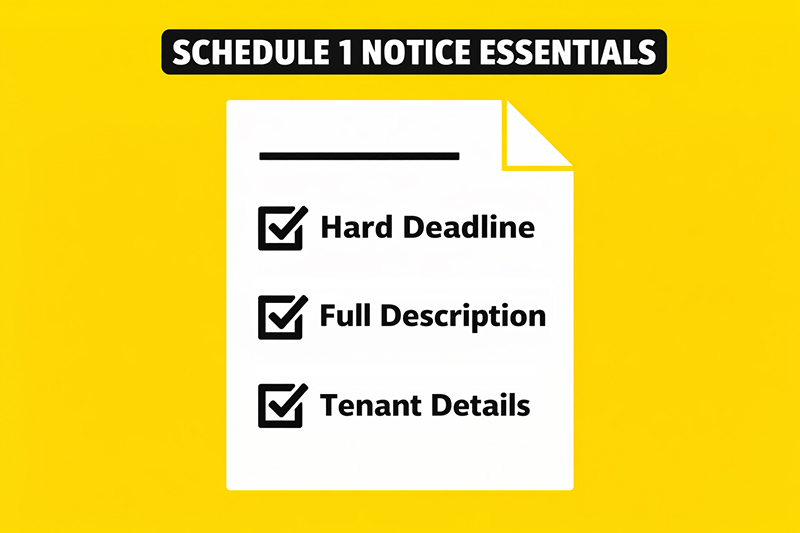 Checklist showing the some of the requirements for a legal Schedule 1 notice to remove items
