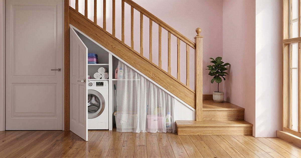 Under-stairs storage space converted into a utility area with a washing machine, shelving and laundry supplies behind a sheer curtain